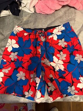 Nautica Red, Blue & White Floral Swim Board Shorts